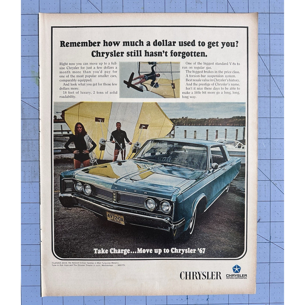 Print Ad 1967 Chrysler Newport Four Door Newport Turquoise Couple Hang Gliding